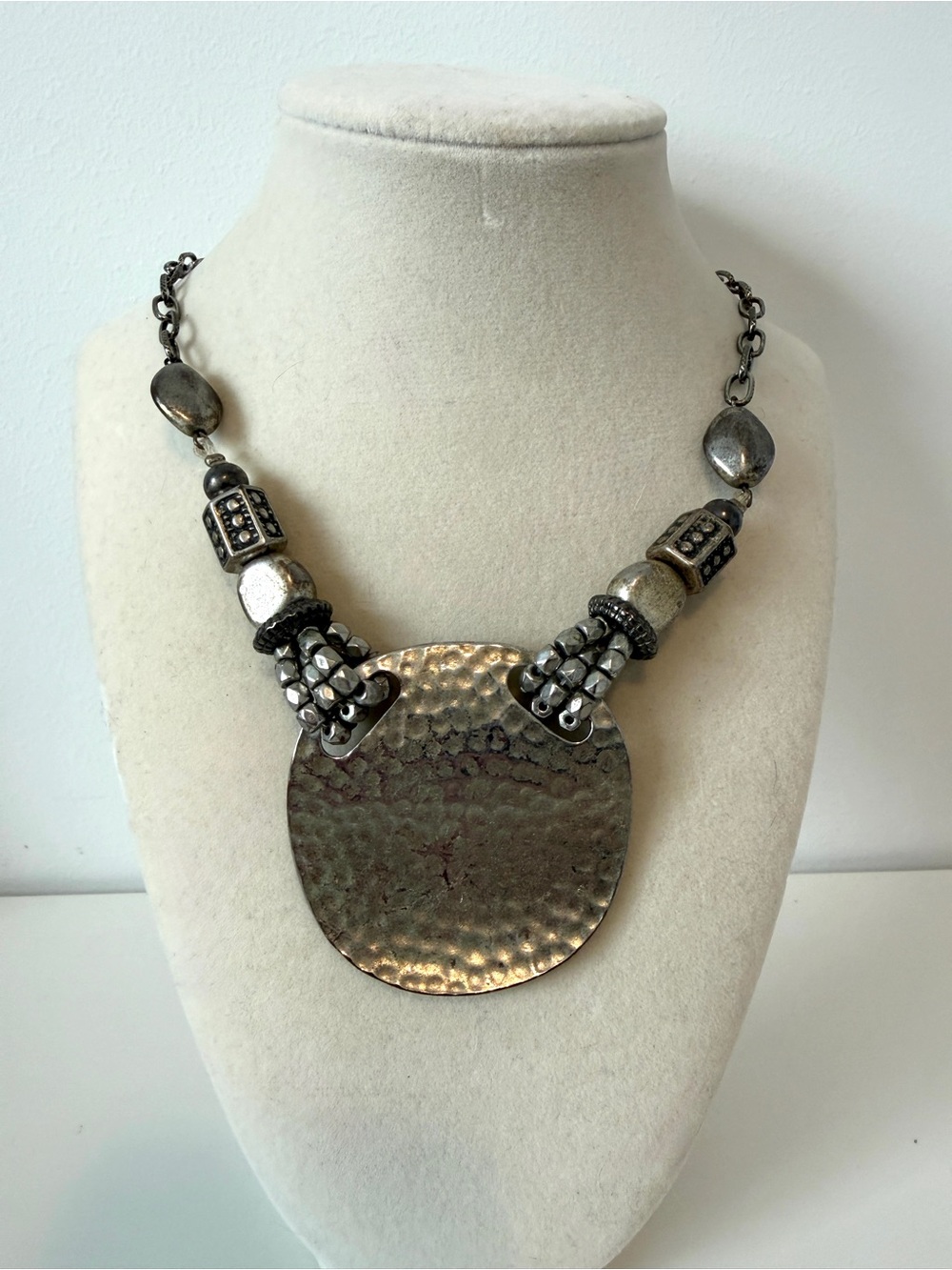 Handcrafted Silver-Tone Hammered Pendant Necklace - Women Jewelry